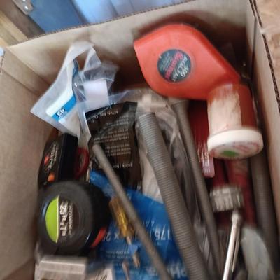 BOX FULL OF MISC HARDWARE, SMALL TOOLS, ETC (3)