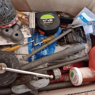 BOX FULL OF MISC HARDWARE, SMALL TOOLS, ETC (3)