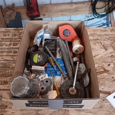 BOX FULL OF MISC HARDWARE, SMALL TOOLS, ETC (3)