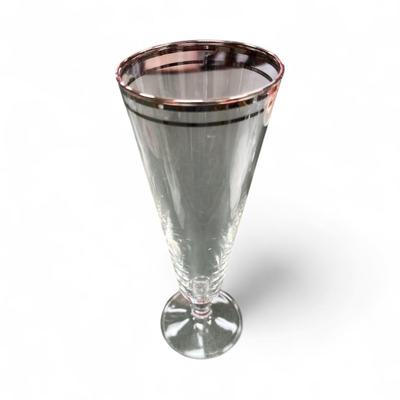 Sale Photo Thumbnail #349: Vintage Silver Double Rimmed Pilsner MCM Glasses Set of 8  8.25" Tall