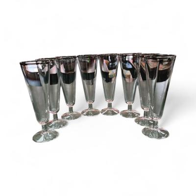 Sale Photo Thumbnail #350: Vintage Silver Double Rimmed Pilsner MCM Glasses Set of 8  8.25" Tall