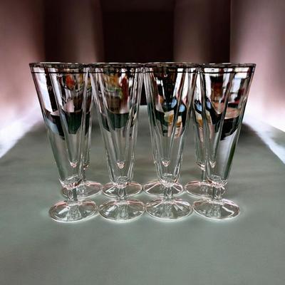 Sale Photo Thumbnail #351: Vintage Silver Double Rimmed Pilsner MCM Glasses Set of 8  8.25" Tall