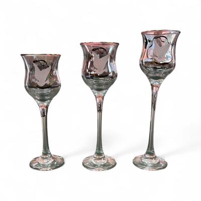 Sale Photo Thumbnail #357: Set of 3 Stemmed Glass Votive Candleholders with White Dove and Gold Detail