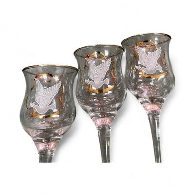 Sale Photo Thumbnail #358: Set of 3 Stemmed Glass Votive Candleholders with White Dove and Gold Detail