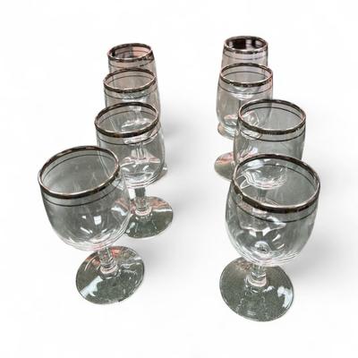 Sale Photo Thumbnail #363: Vintage Silver Rimmed Wine Glasses Set Of 8    5" tall