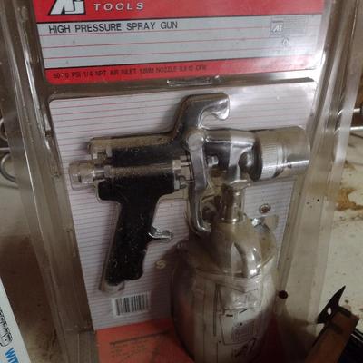 Assortment of Work Tools and Accessories Foot Air Pump, Paint Sprayer, Wire Brushes, Other