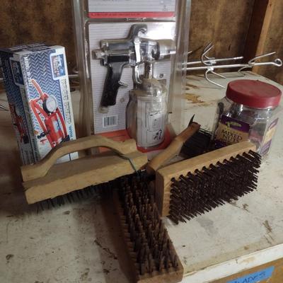 Assortment of Work Tools and Accessories Foot Air Pump, Paint Sprayer, Wire Brushes, Other