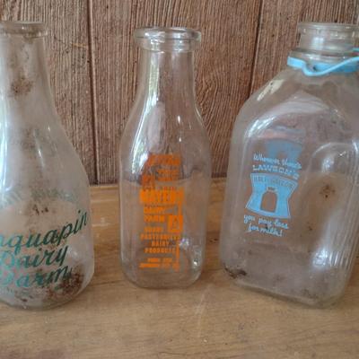 Set of Three Vintage Painted Dairy Glass Milk Bottles Lawson's, Mayen's Dairy and Chinquapin Dairy Tryon, NC (#3)