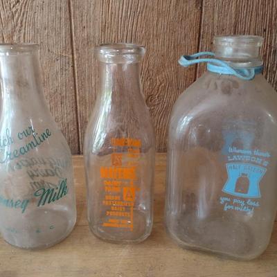 Set of Three Vintage Painted Dairy Glass Milk Bottles Lawson's, Mayen's Dairy and Chinquapin Dairy Tryon, NC (#3)