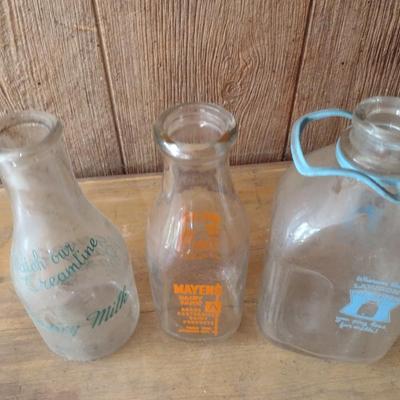 Set of Three Vintage Painted Dairy Glass Milk Bottles Lawson's, Mayen's Dairy and Chinquapin Dairy Tryon, NC (#3)