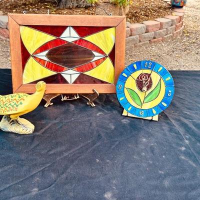 STAIN GLASS DECOR AND CALIFORNIA ROSELAMO POTTERY PHEASANT