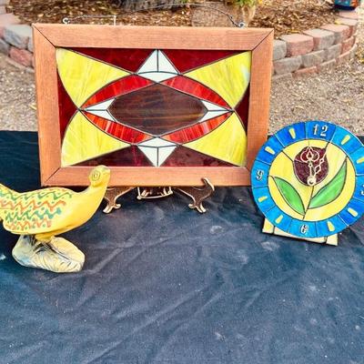 STAIN GLASS DECOR AND CALIFORNIA ROSELAMO POTTERY PHEASANT