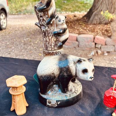 VINTAGE JIM BEAM PANDA DECANTER AND ASIAN SALT AND PEPPER SHAKERS