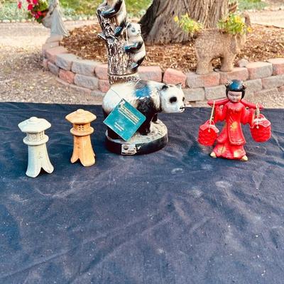 VINTAGE JIM BEAM PANDA DECANTER AND ASIAN SALT AND PEPPER SHAKERS