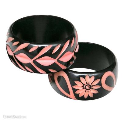 Set of Two Vintage Ebony Italian Bakelite Hand-Carved Rose Blush Color