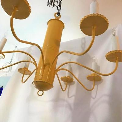 Mid-Century Modern Clean Lines Hand-Forged Buttercup Yellow Barrel Chandelier