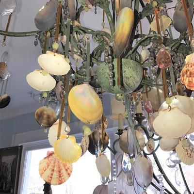 Mother of All Sea Shell Chandeliers, Violet Amber Crystals Adorn Beach Style