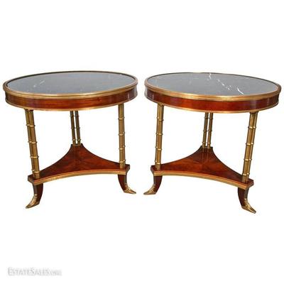 Pair of Jansen Style Marble-Top Bamboo Form End/ Bouillotte Tables