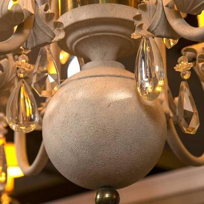 French Eight Arm Brass and Wood Chandelier
