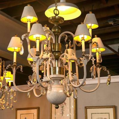 French Eight Arm Brass and Wood Chandelier