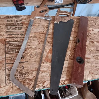 STANLEY RED WOOD LEVEL AND 2 HAND SAWS