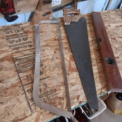 STANLEY RED WOOD LEVEL AND 2 HAND SAWS