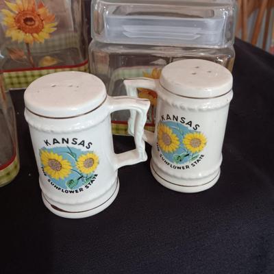 GLASS SUNFLOWER CANISTERS, SHAKERS AND A PICTURE