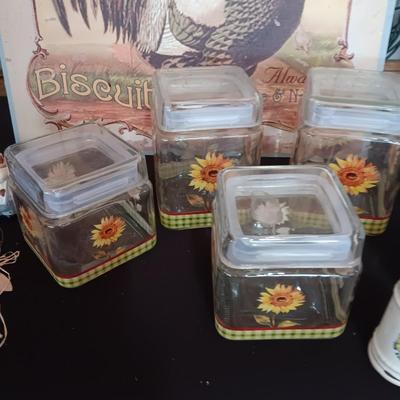 GLASS SUNFLOWER CANISTERS, SHAKERS AND A PICTURE