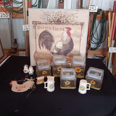 GLASS SUNFLOWER CANISTERS, SHAKERS AND A PICTURE