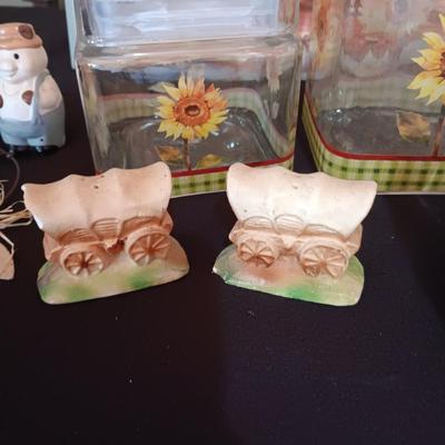 GLASS SUNFLOWER CANISTERS, SHAKERS AND A PICTURE
