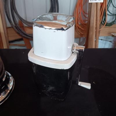 WARING BLENDER, CRANK ICE CRUSHER, LINEENS AND A PITCHER