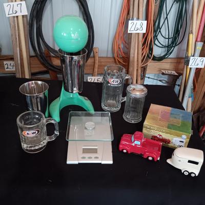 MALT SHOPPE MAKER, A & W MUGS, TRUCK AND HORSE TRAILER SHAKERS AND MORE