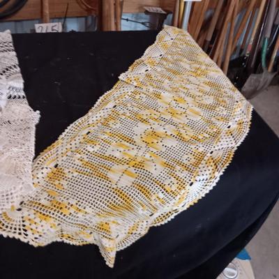 SEWING BASKET W/NOTIONS AND SEVERAL DOILIES