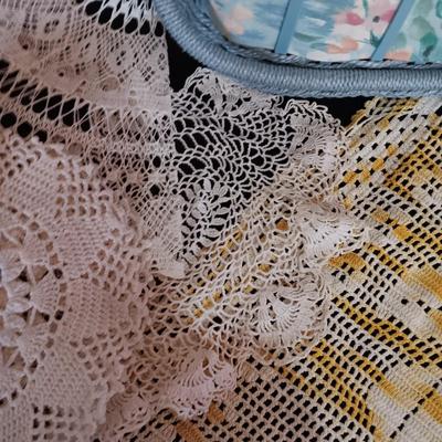 SEWING BASKET W/NOTIONS AND SEVERAL DOILIES
