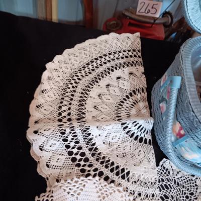 SEWING BASKET W/NOTIONS AND SEVERAL DOILIES