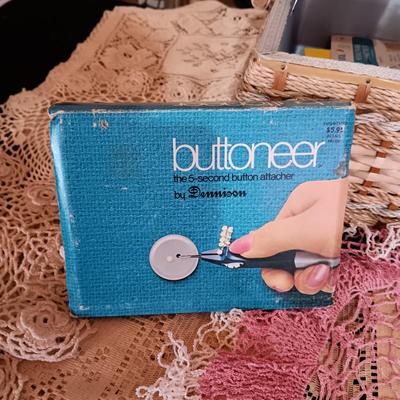 SEWING BASKET W/NOTIONS AND A VARIETY OF DOILIES