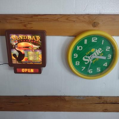 SPRITE CLOCK & LIGHTED SANDBAR RESTAURANT OPEN SIGN