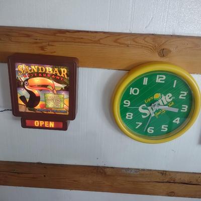 SPRITE CLOCK & LIGHTED SANDBAR RESTAURANT OPEN SIGN