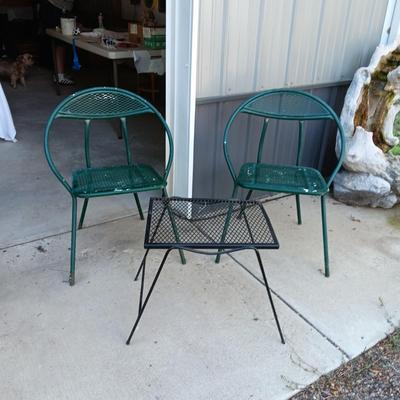 2 FOLDING METAL MESH CHAIRS AND A METAL TABLE