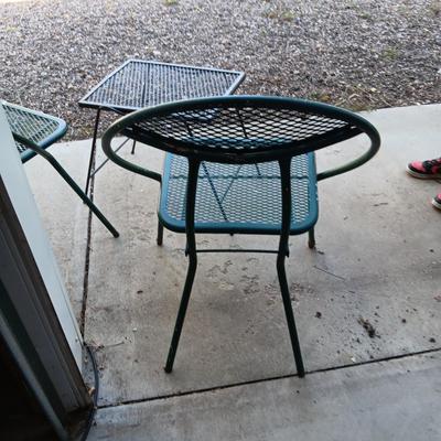 2 FOLDING METAL MESH CHAIRS AND A METAL TABLE