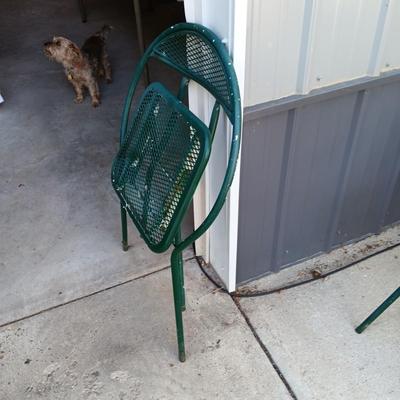 2 FOLDING METAL MESH CHAIRS AND A METAL TABLE