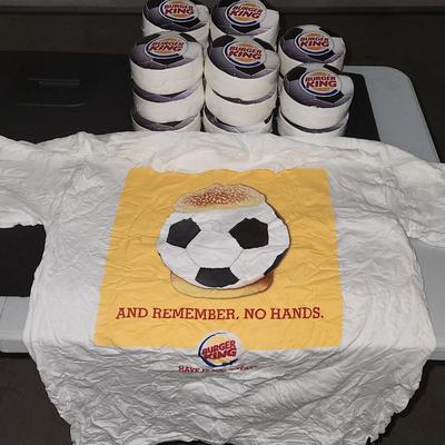 Sale Photo Thumbnail #233: Burger King Soccer Remember No Hands Promo Tshirt Whopper Lot
10 shirts total & all are brand new and 9 still in package.

Rare vintage BK Lot