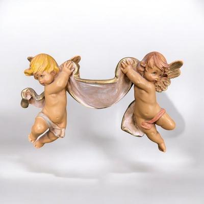 Sale Photo Thumbnail #491: Fontanini Cherubs with Banner Figurine.  Designed and manufactured in Tuscany, Italy, known for high quality religious articles.  Vintage Fontanini piece likely 1986 #610 ornament  Approximately 6" wide X 4" Tall