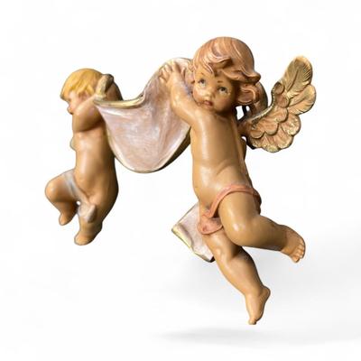 Sale Photo Thumbnail #489: Fontanini Cherubs with Banner Figurine.  Designed and manufactured in Tuscany, Italy, known for high quality religious articles.  Vintage Fontanini piece likely 1986 #610 ornament  Approximately 6" wide X 4" Tall