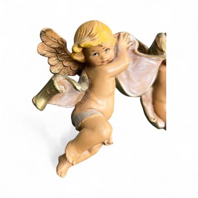 Sale Photo Thumbnail #490: Fontanini Cherubs with Banner Figurine.  Designed and manufactured in Tuscany, Italy, known for high quality religious articles.  Vintage Fontanini piece likely 1986 #610 ornament  Approximately 6" wide X 4" Tall