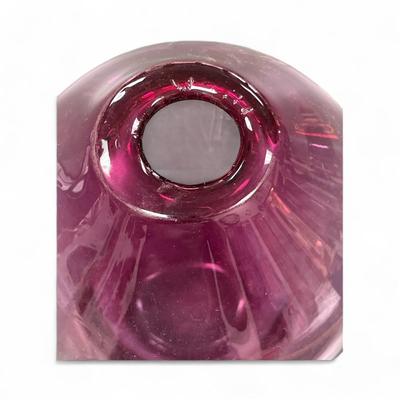 Sale Photo Thumbnail #493: Vintage Cranberry Hand Blown Glass Vase.  It appear to be an MCM Or Art Deco Inspired Design.
6.5" at the widest point.   4" at the base  Note small marks on the top.