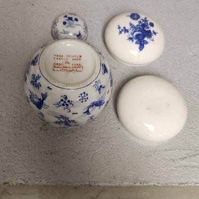 Sale Photo Thumbnail #337: Wedgewood 1973 Mother's Day, small ginger jar is cracked but repaired, that guilded plate is really neat and a pair of Limoges trinkets.