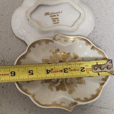 Sale Photo Thumbnail #335: Wedgewood 1973 Mother's Day, small ginger jar is cracked but repaired, that guilded plate is really neat and a pair of Limoges trinkets.