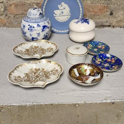 Sale Photo Thumbnail #334: Wedgewood 1973 Mother's Day, small ginger jar is cracked but repaired, that guilded plate is really neat and a pair of Limoges trinkets.