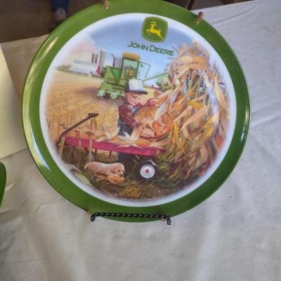 JOHN DEERE AIRPLANE BANK, TWO JOHN DEERE PLATES